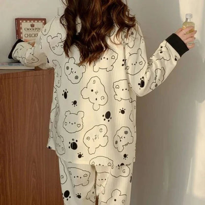 Cream With Black Bears V-Neck Button Printed Night Suit