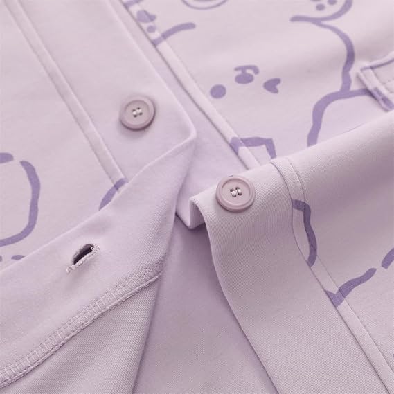 Lilac Love Bunny Printed V-Neck Button Printed Night Suit