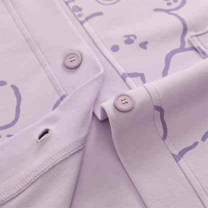 Lilac Love Bunny Printed V-Neck Button Printed Night Suit