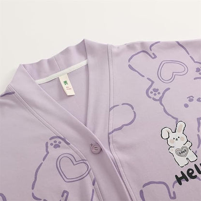 Lilac Love Bunny Printed V-Neck Button Printed Night Suit