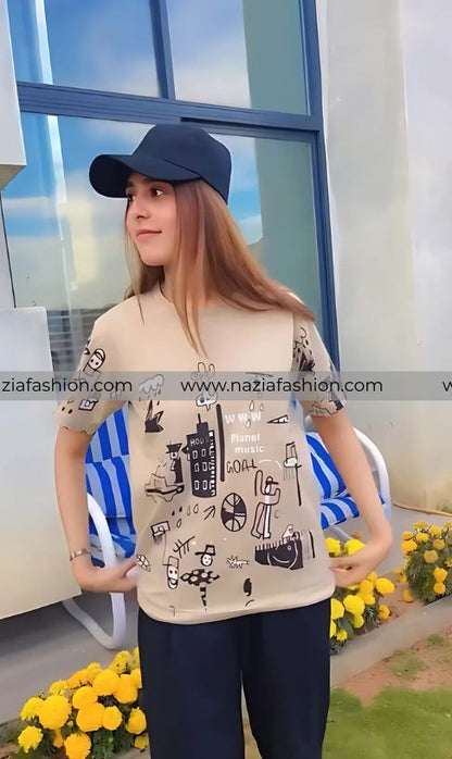 Planet Music With Black Pajama Printed Night Suit