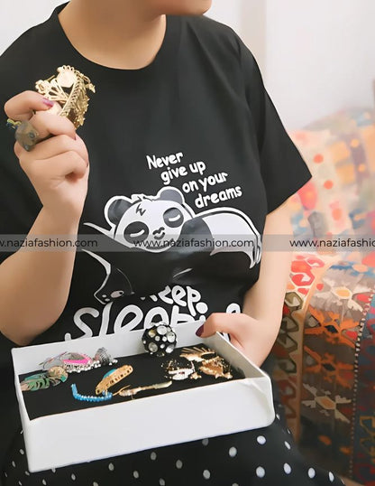 Black Never Give up Printed Night Suit