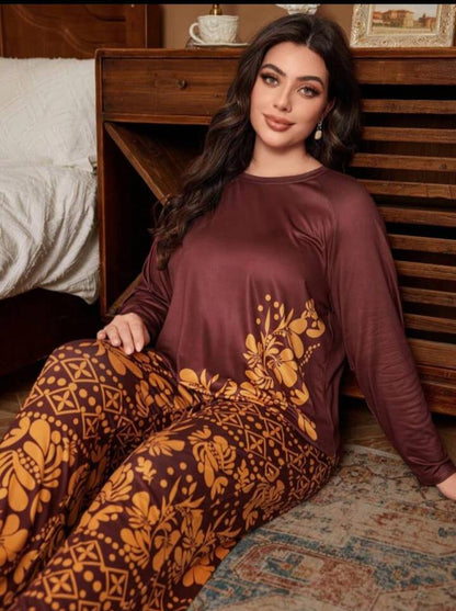 Mehroon With Golden Leaves Printed Night Suit Full Sleeves