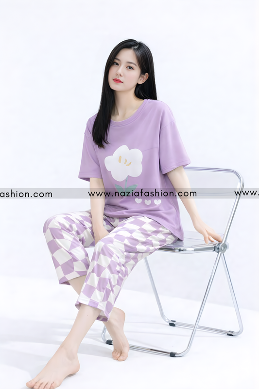 Purple Flower Printed Night Suit
