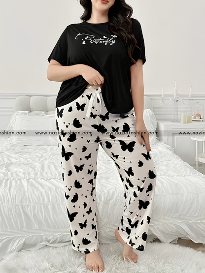 Black Small Butterfly Printed Night Suit