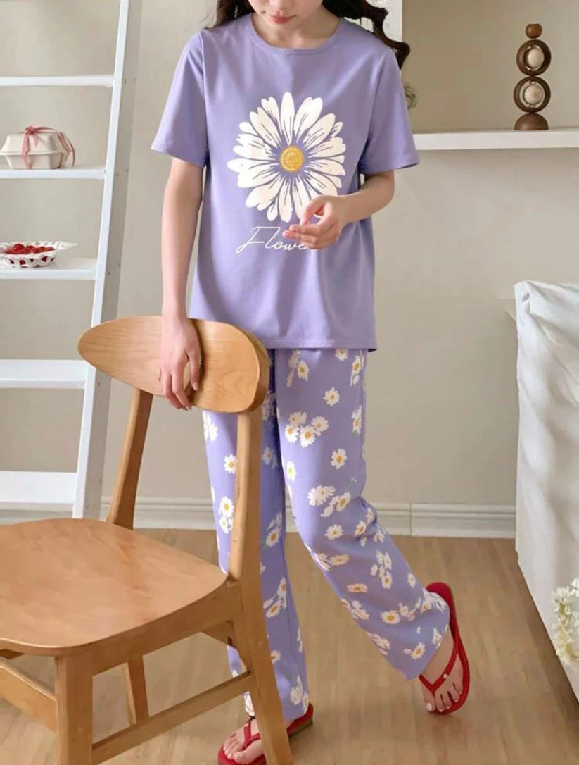 Purple Floral Printed Night Suit