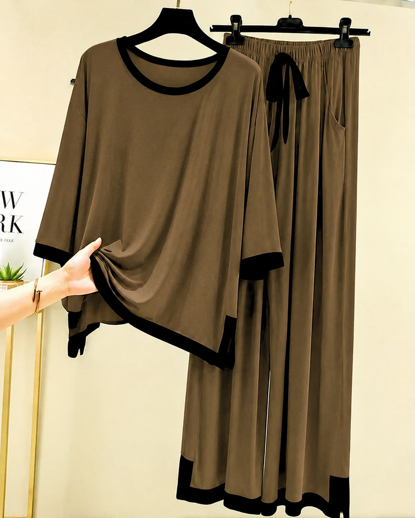 Brown Black Round Neck Plazo Night Suit