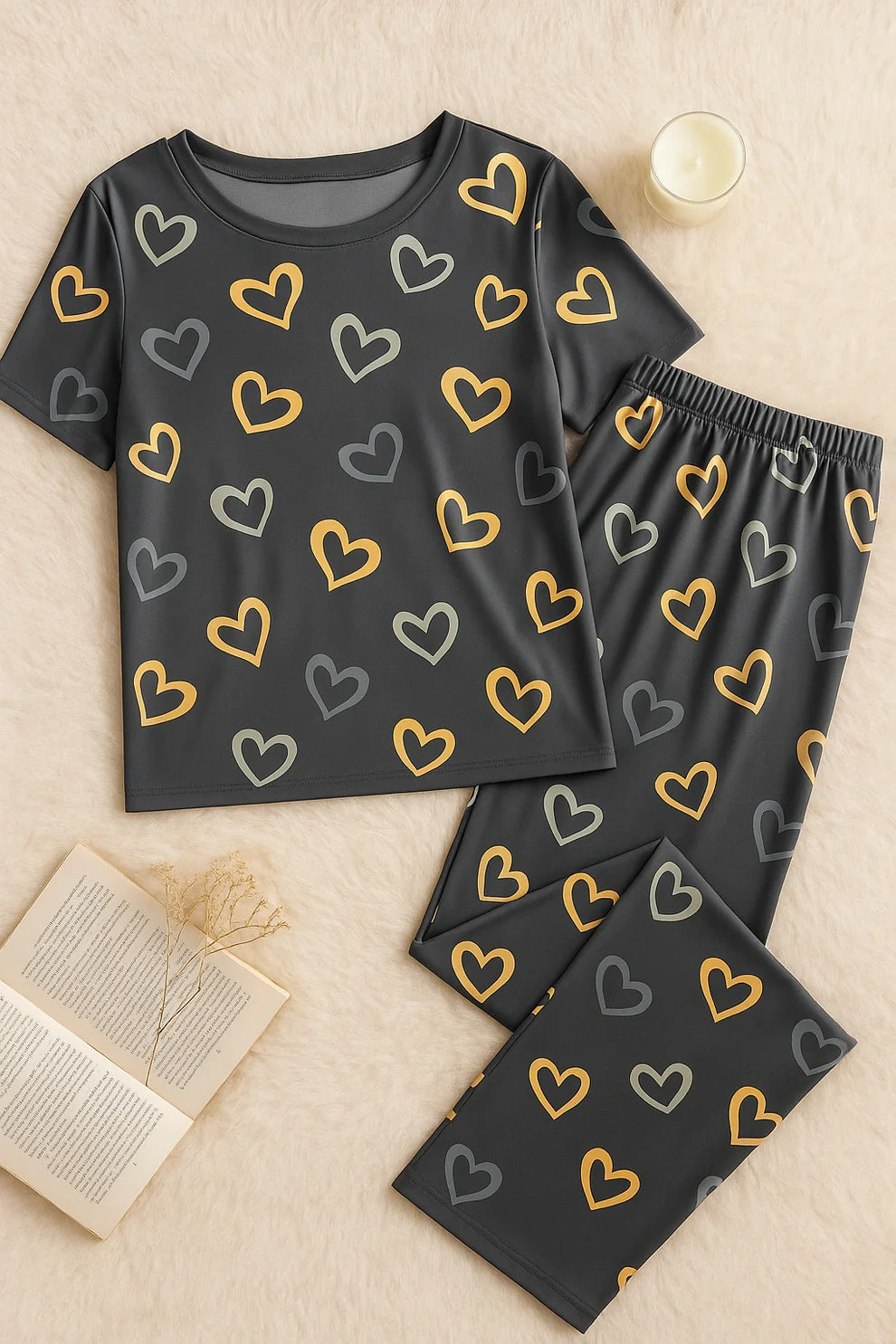 Grey Heart Printed Night Suit