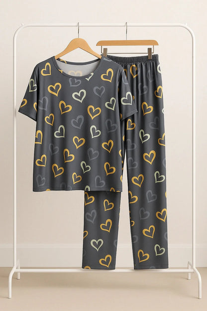 Grey Heart Printed Night Suit