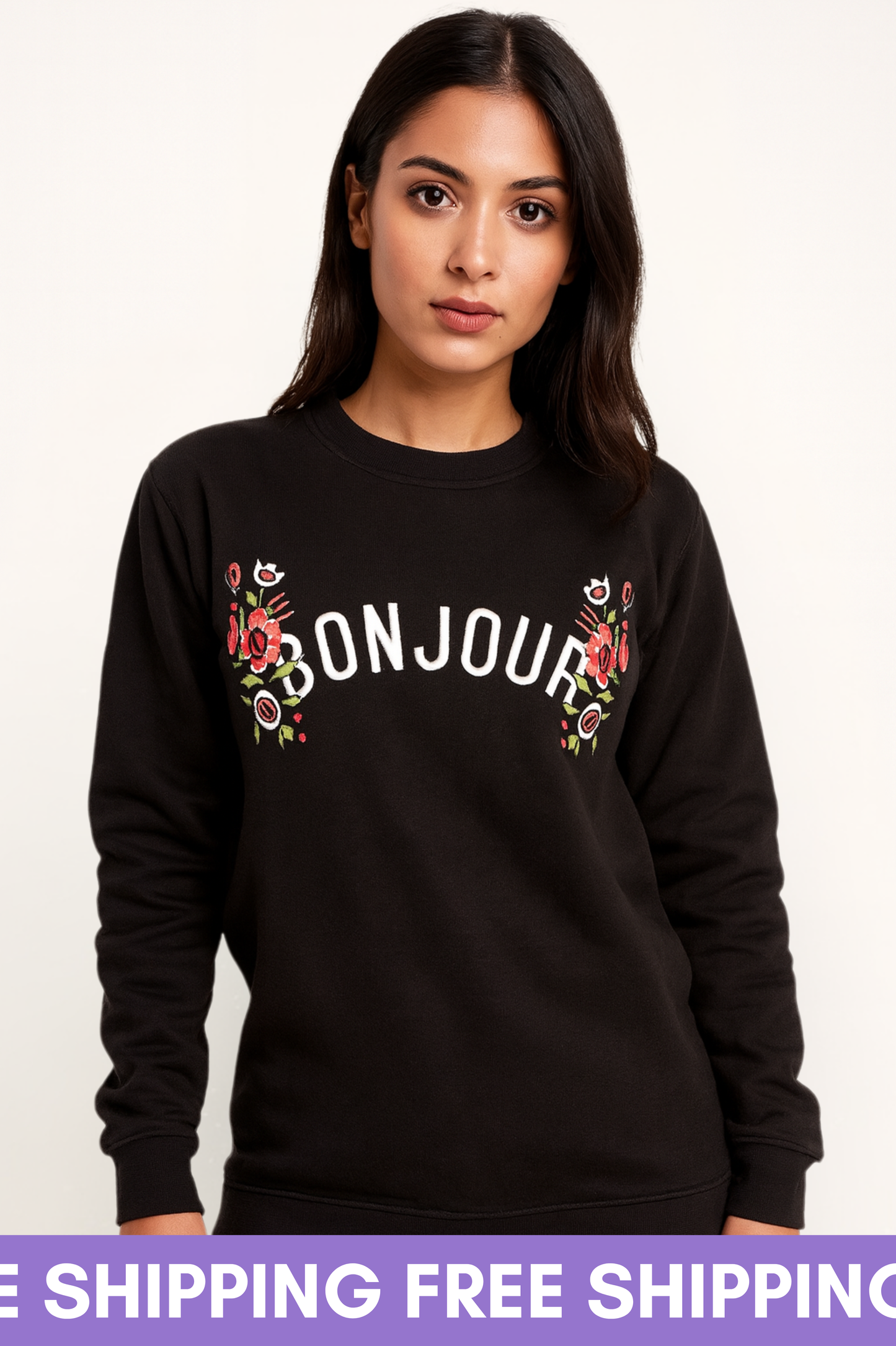 Black Bonjour Printed Sweat Shirt