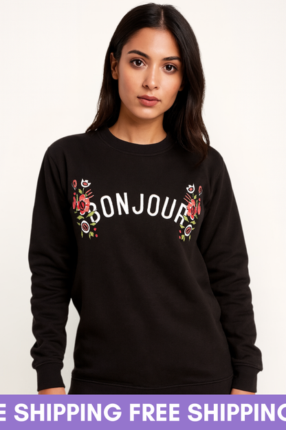Black Bonjour Printed Sweat Shirt