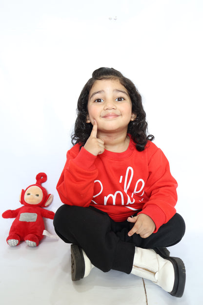 Red Smiley Printed Sweatshirt With Trouser For Kids