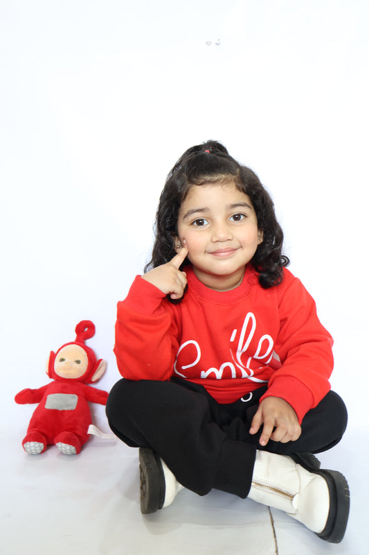 Red Smiley Printed Sweatshirt With Trouser For Kids