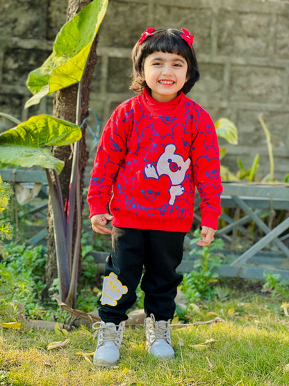 Red Bears Print Sweatshirt With Trouser For Kids (2 Piece)