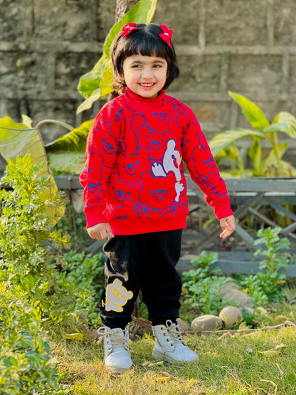Red Bears Print Sweatshirt With Trouser For Kids (2 Piece)
