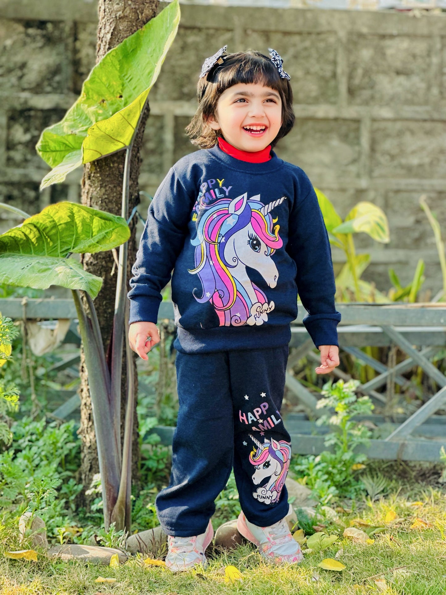 Navy Blue Happy Family Printed Fleece Winter Suit For Kids