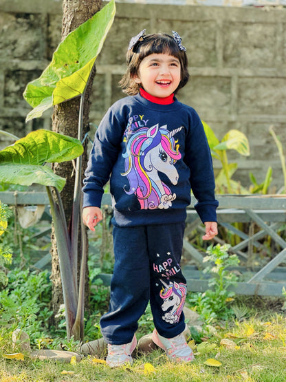 Navy Blue Happy Family Printed Fleece Winter Suit For Kids