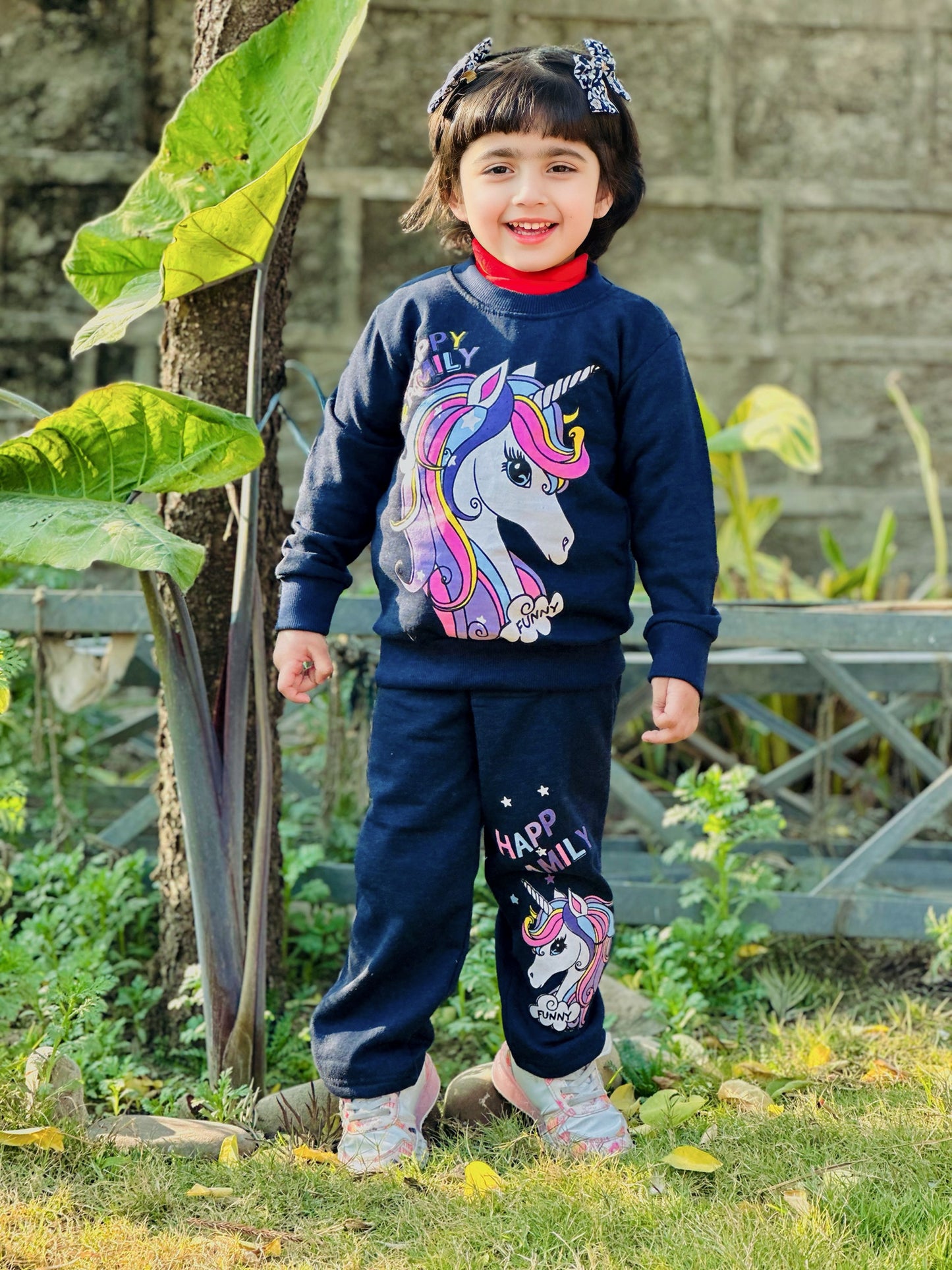 Navy Blue Happy Family Printed Fleece Winter Suit For Kids