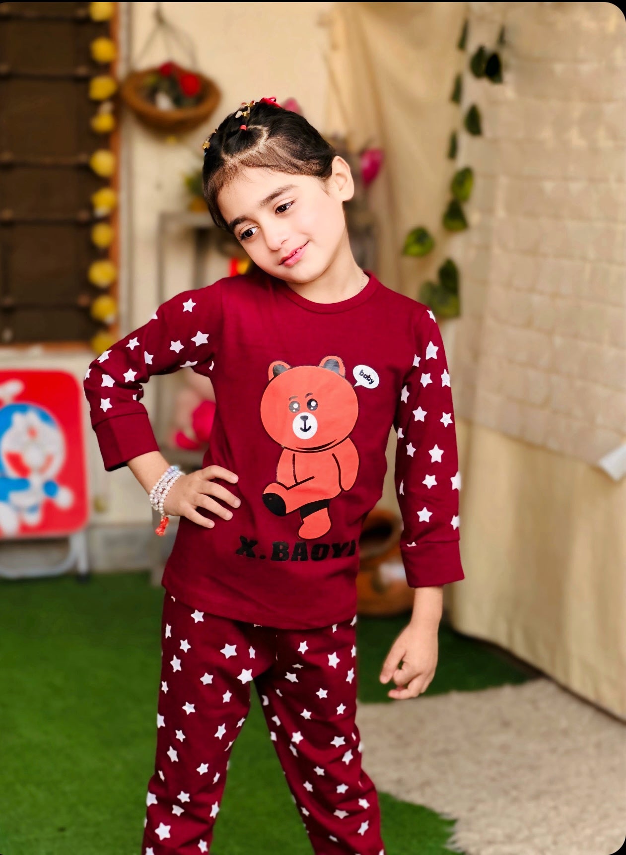 Maroon Teddy Bear Printed Kids Wear (Each)