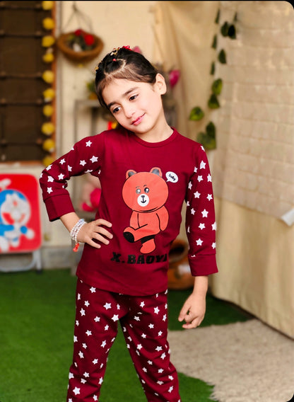 Maroon Teddy Bear Printed Kids Wear (Each)