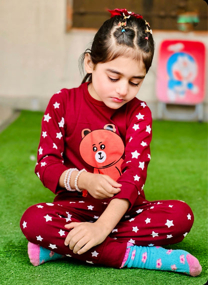 Maroon Teddy Bear Printed Kids Wear (Each)