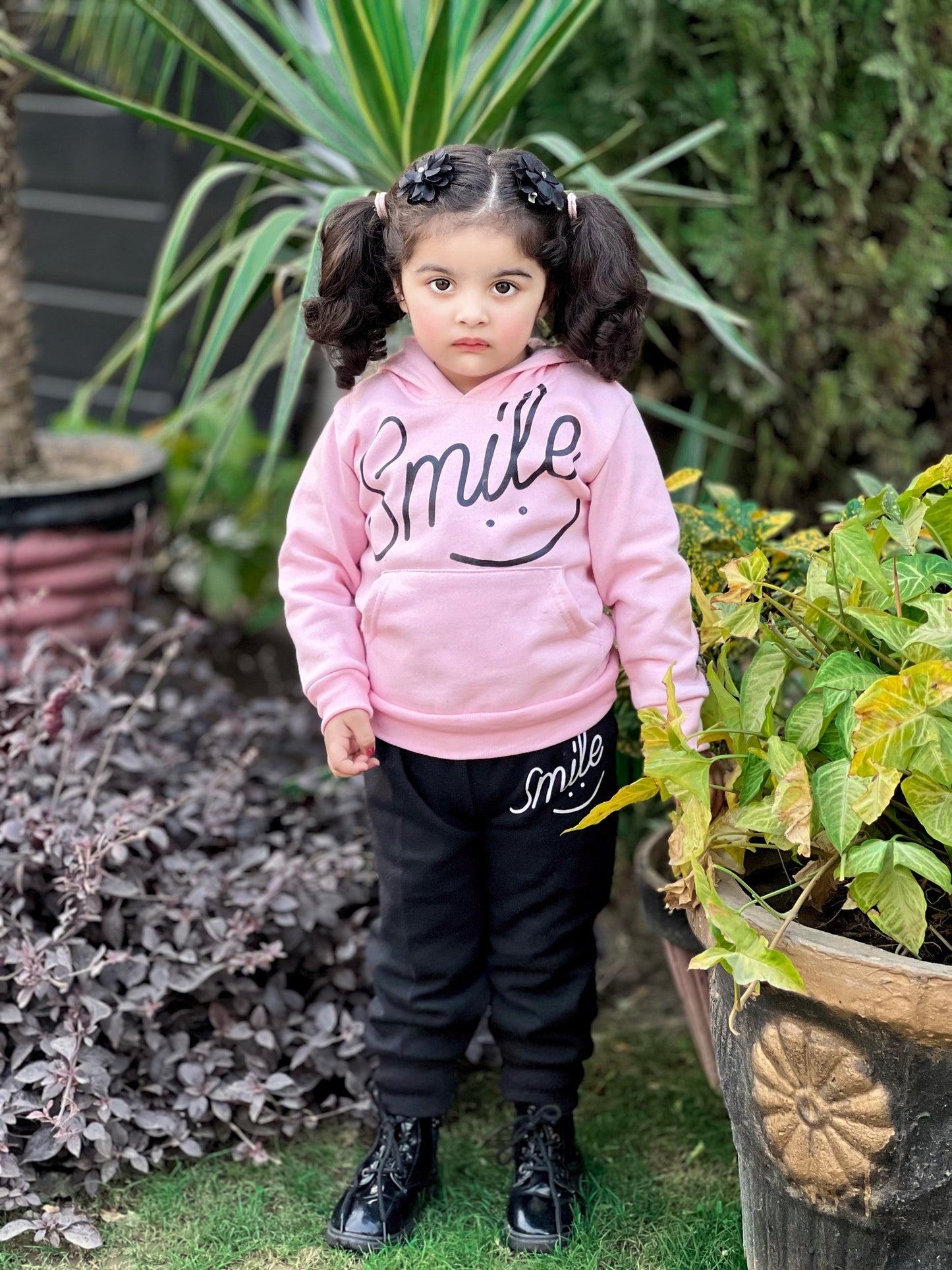Pink Smiley Printed Hoodie With Trouser For Kids