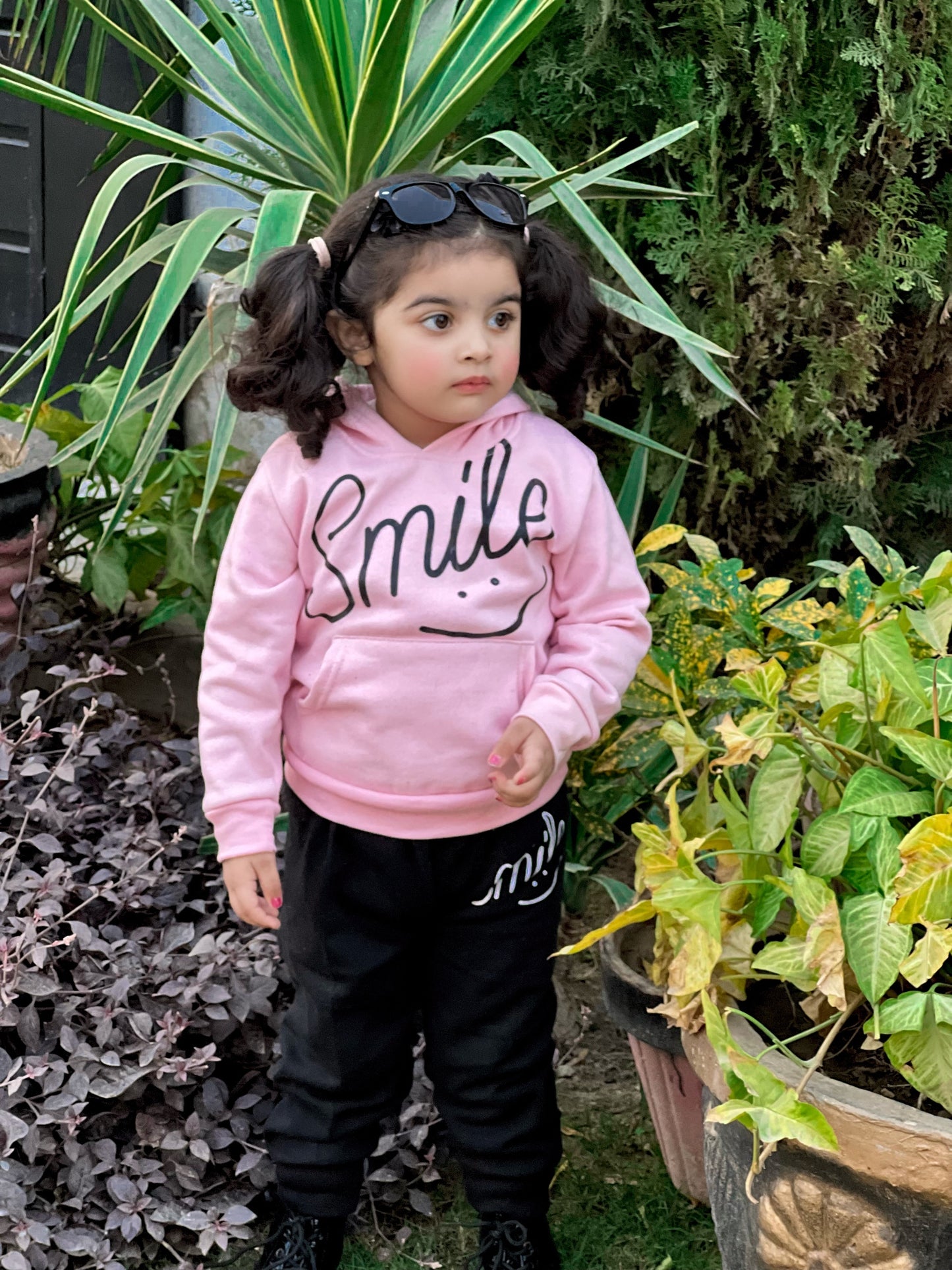 Pink Smiley Printed Hoodie With Trouser For Kids