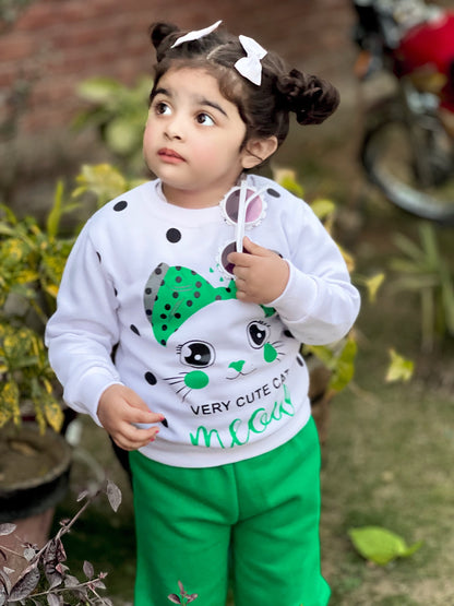 White Meow Printed Sweatshirt With Trouser For Kids