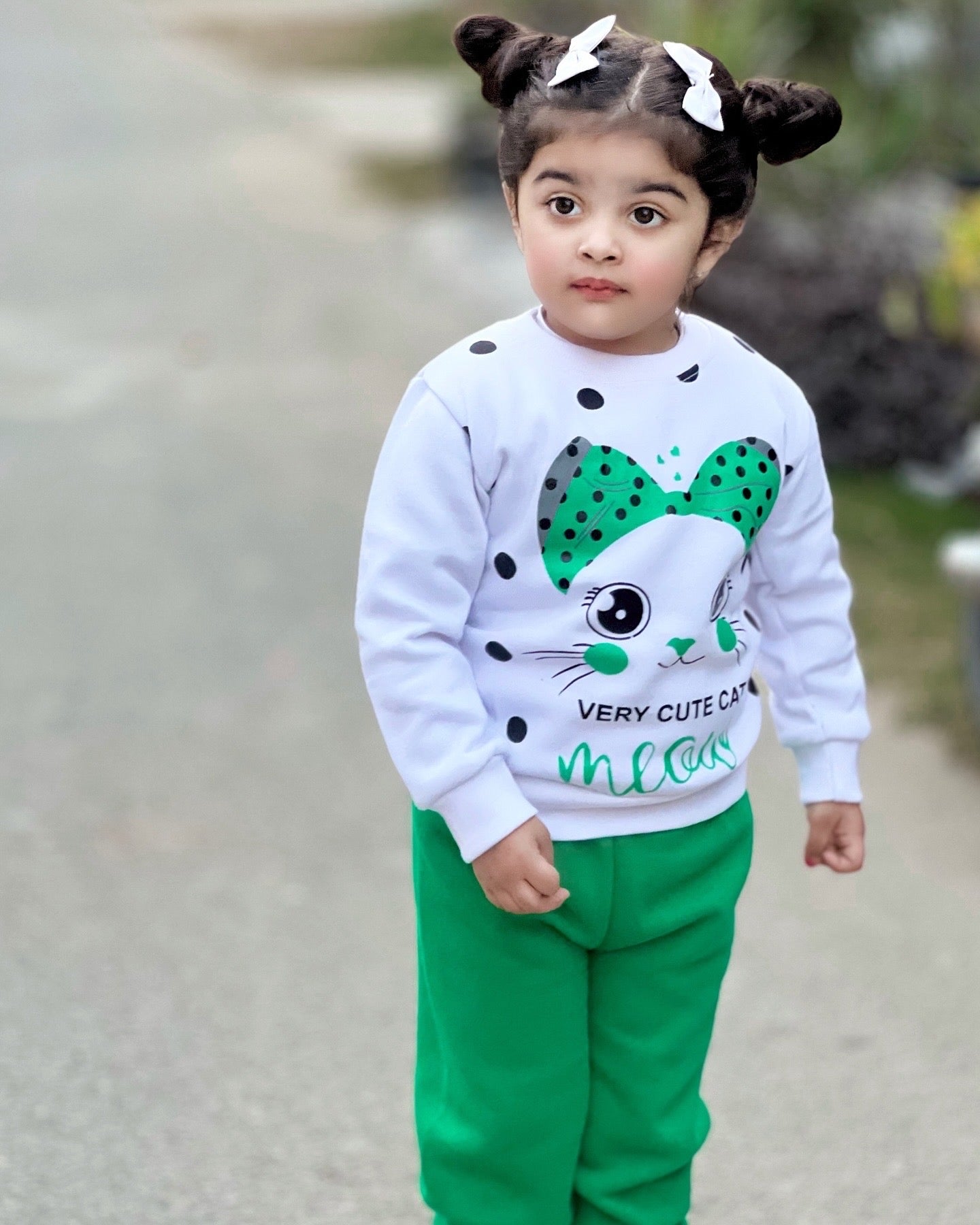 White Meow Printed Sweatshirt With Trouser For Kids