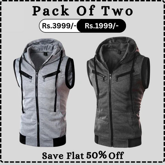 Grey With Charcoal Sleeveless Hooded Zipper Pack Of Two