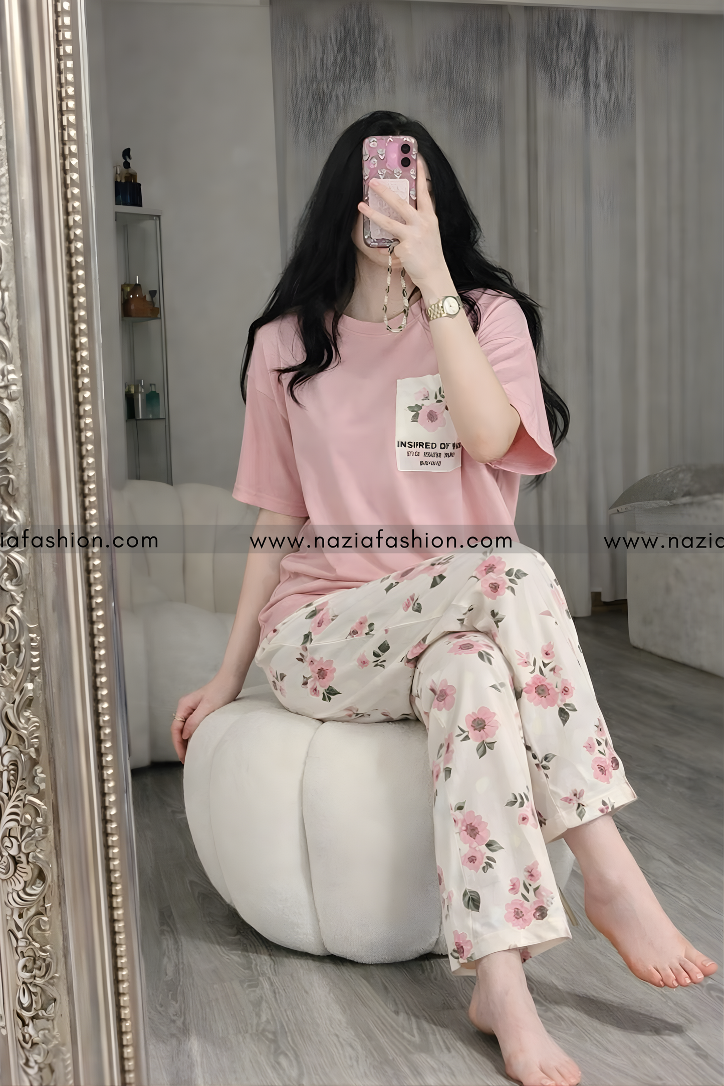 Pink Pocket Printed Night Suit