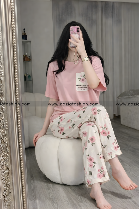 Pink Pocket Printed Night Suit