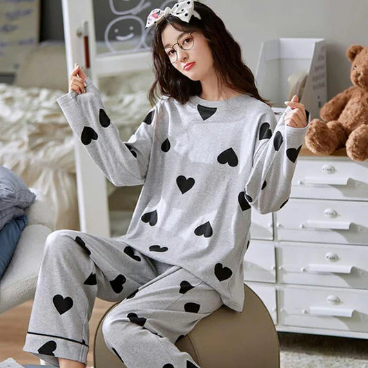 Grey Black Multi Hearts Printed Night Suit