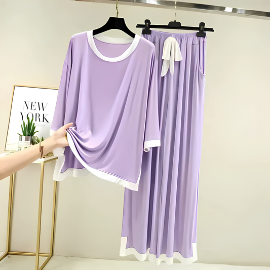 Purple White Round Neck Plazo Night Suit