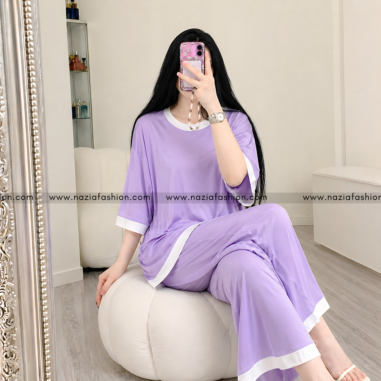 Purple White Round Neck Plazo Night Suit