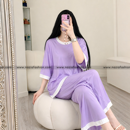 Purple White Round Neck Plazo Night Suit