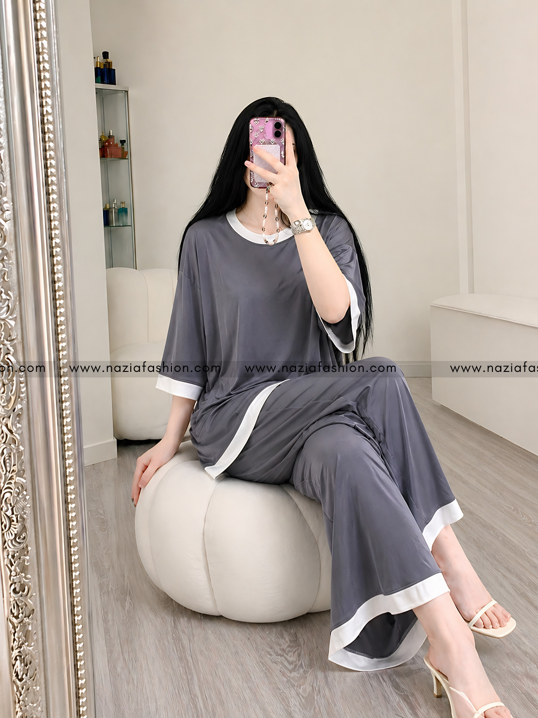 Grey White Round Neck Plazo Night Suit