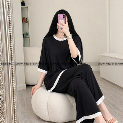 Black White Round Neck Plazo Night Suit