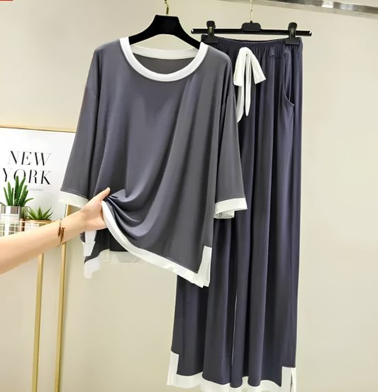 Grey White Round Neck Plazo Night Suit