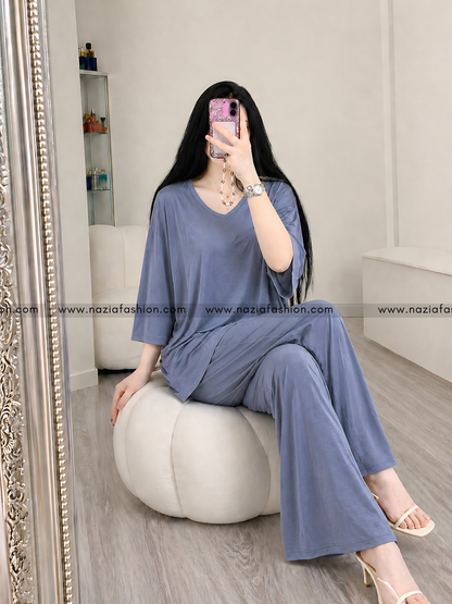 Teal Blue V-Neck Plazo Night Suit