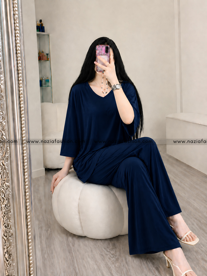 Navy Blue V-Neck Plazo Night Suit