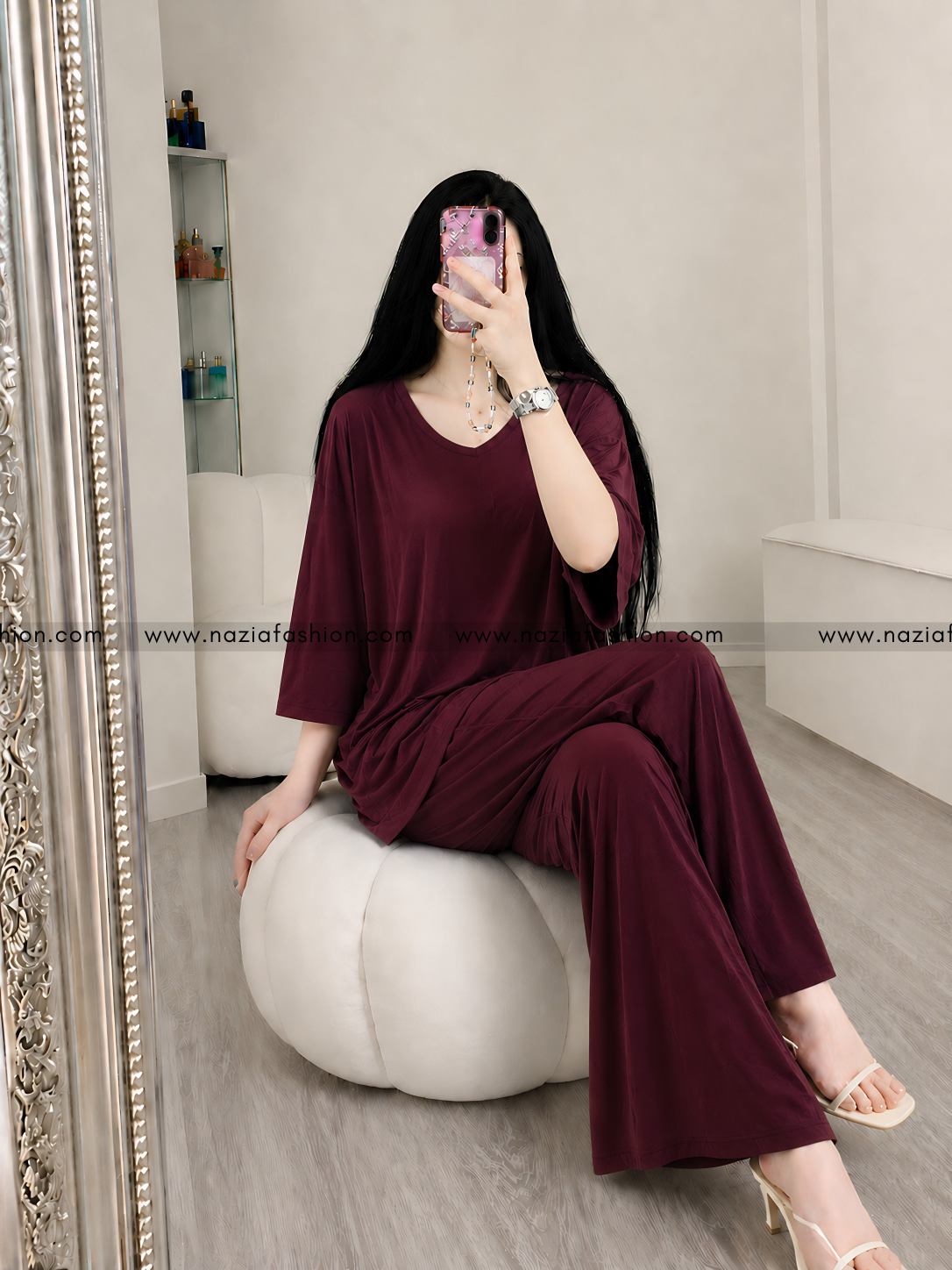 Maroon V-Neck Plazo Night Suit