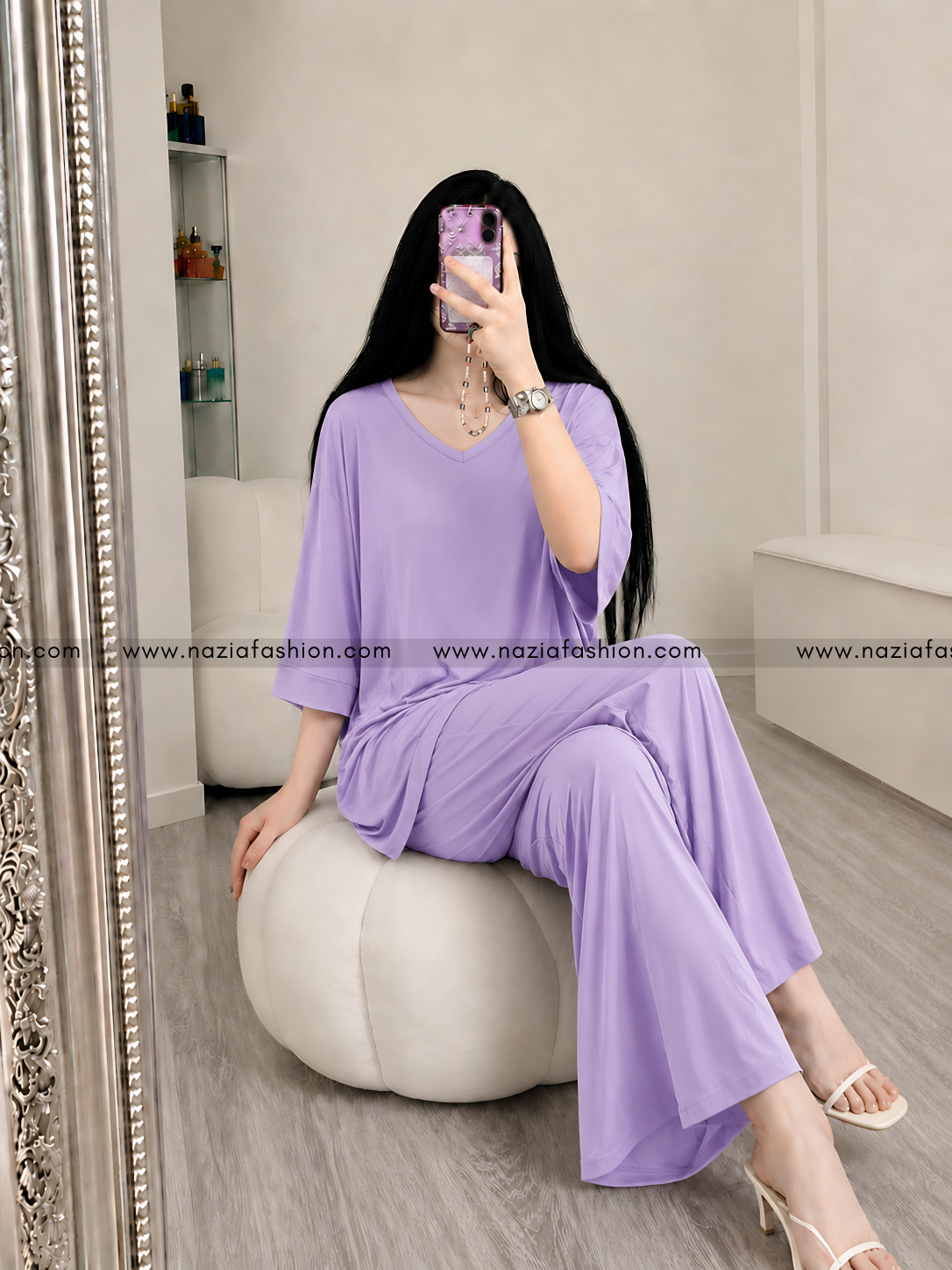 Purple V-Neck Plazo Night Suit