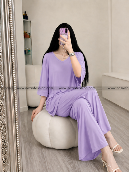 Purple V-Neck Plazo Night Suit
