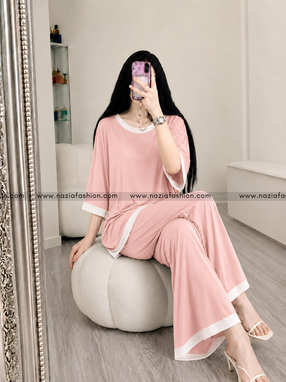 Rose Pink Half Sleeves Plazo Night Suit