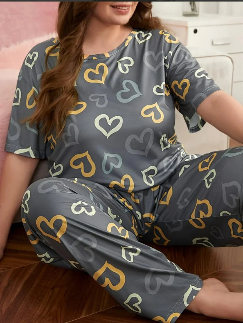 Grey Heart Printed Night Suit