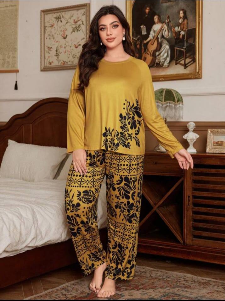 Golden With Black Leaves Printed Night Suit Full Sleeves