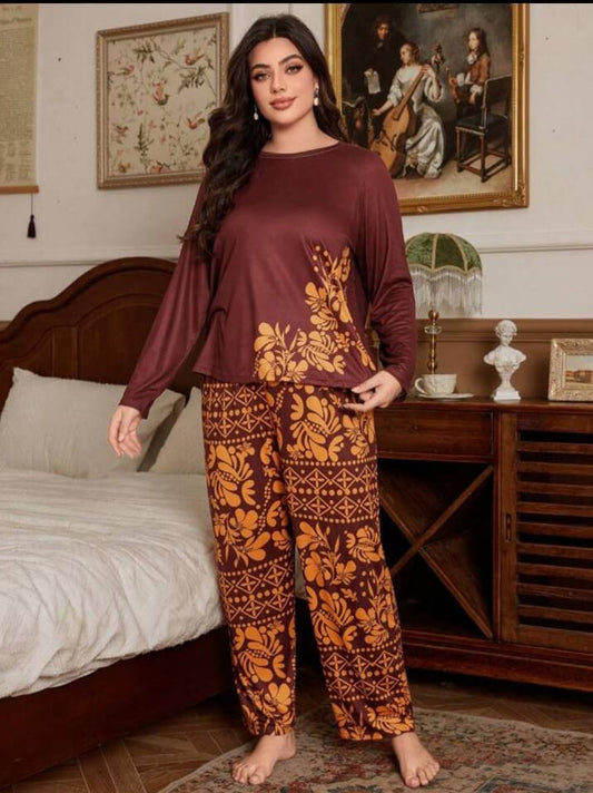 Mehroon With Golden Leaves Printed Night Suit Full Sleeves