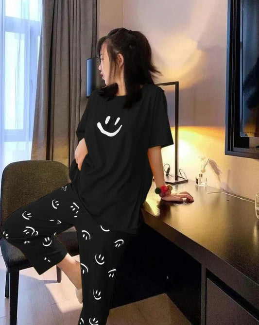 Black Smiley Printed Night Suit