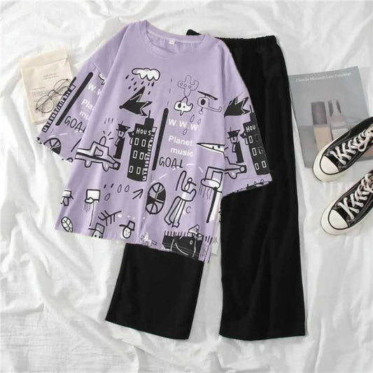 Purple Planet Printed Night Suit